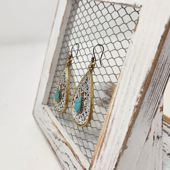 Lucky Brand Two Tone Faux Turquoise Teardrop Drop Hook Earrings Boho Western - Picture 3 of 5